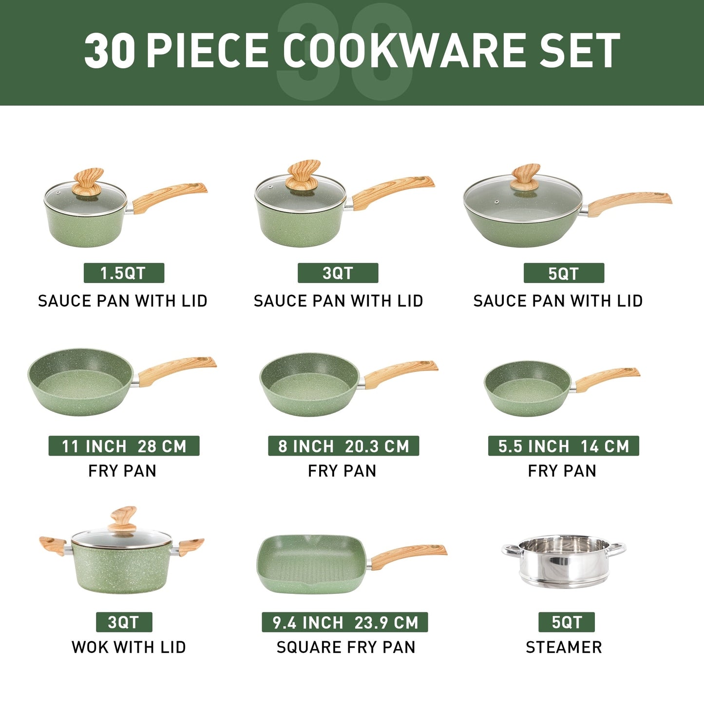 30-Piece Kitchen Granite Cookware and Bakeware Set, Cooking Pans Set Non-Stick Pots and Pans Set