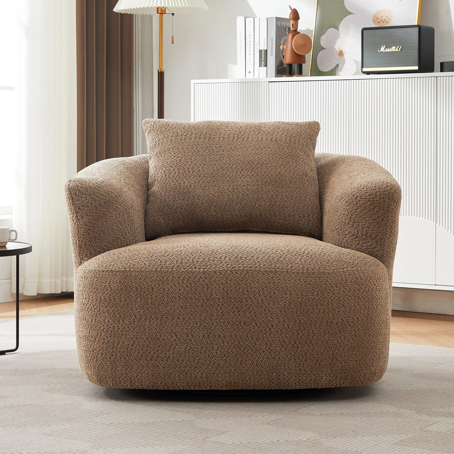 360° Swivel Chair, 38.2 Boucle Accent Chair with Throw Pillow, Upholstered Barrel Sofa Chair with Curved Armrests