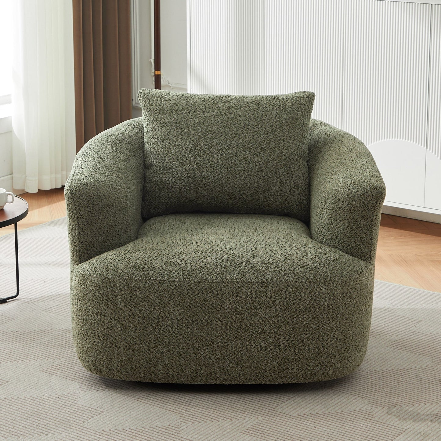 360° Swivel Chair, 38.2 Boucle Accent Chair with Throw Pillow, Upholstered Barrel Sofa Chair with Curved Armrests