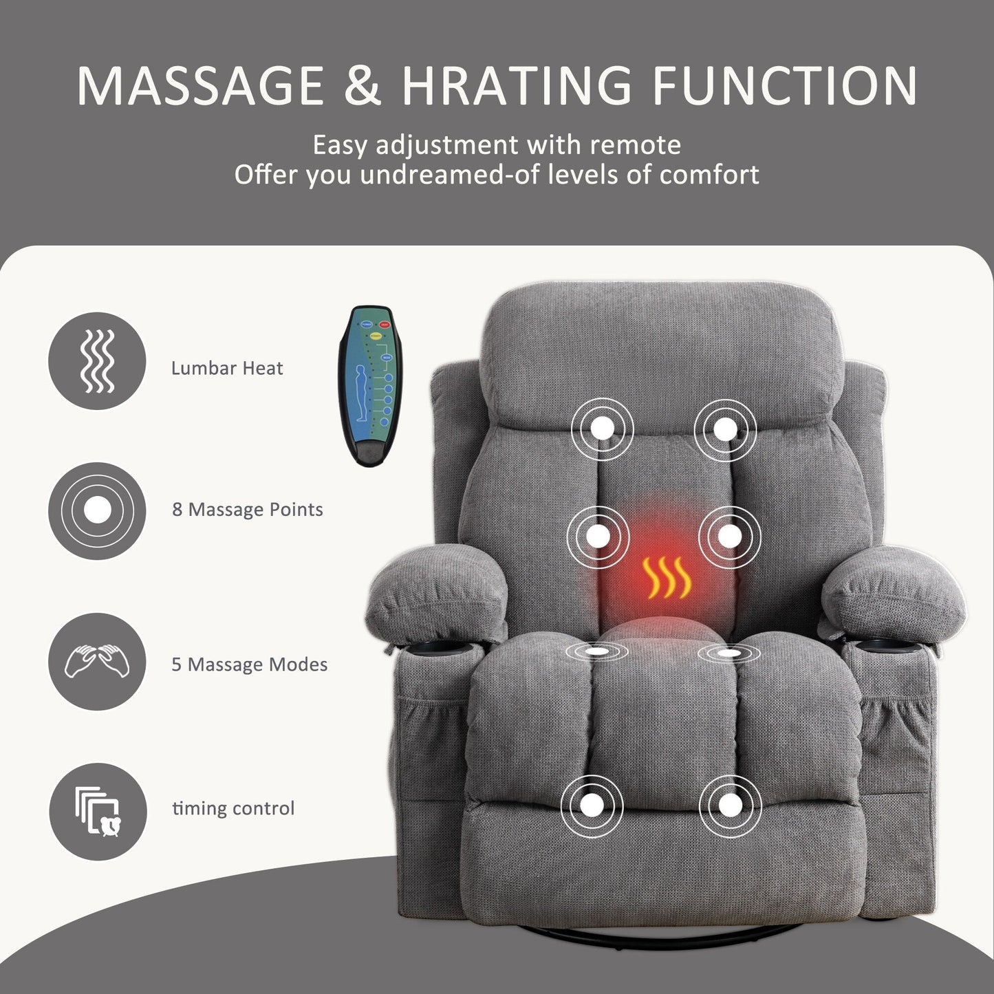 360° Swivel Recliner Chair with Massage, Heat, USB, and Cup Holders