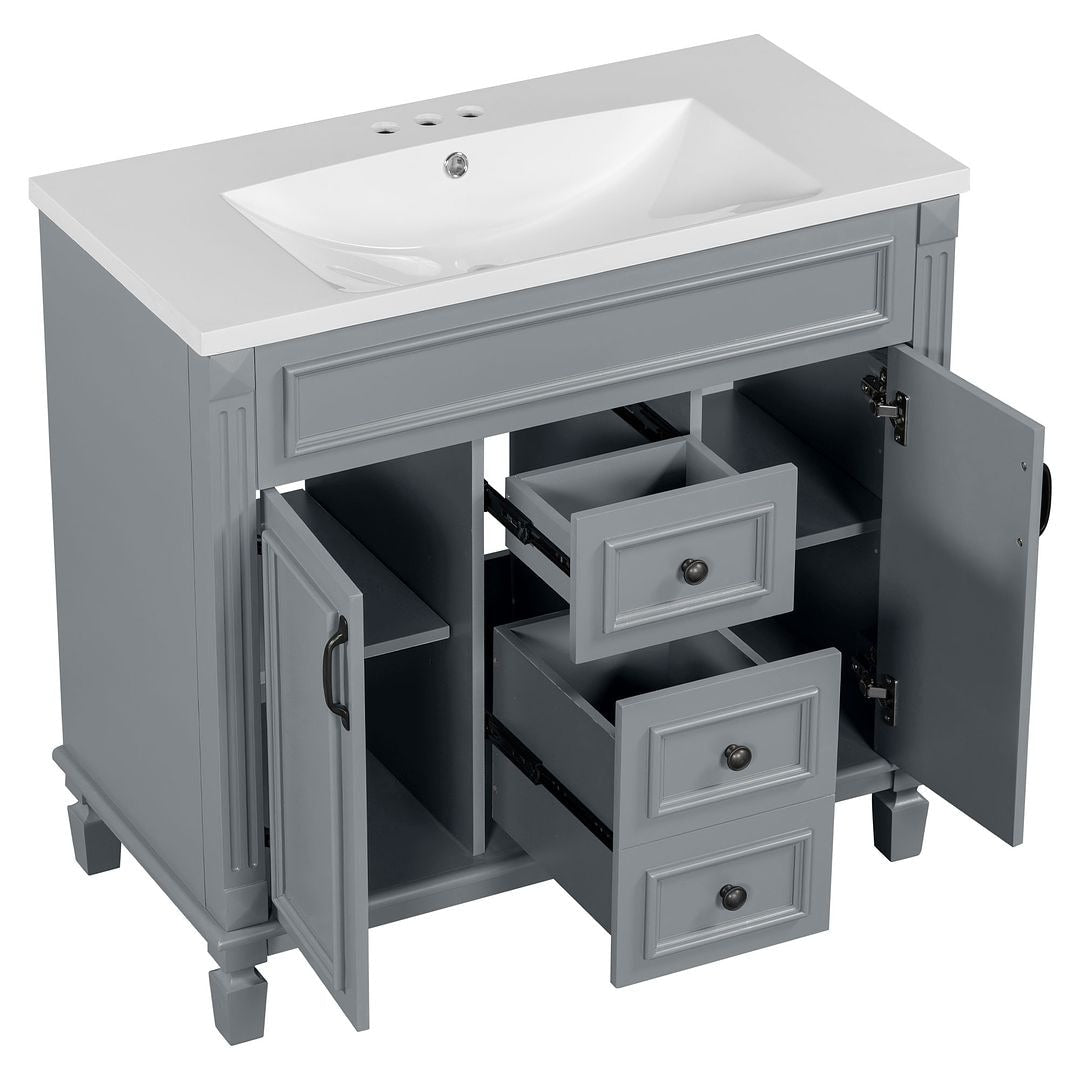 36'' Modern Bathroom Vanity with Top Sink and Mirror Cabinet,2 Doors and 2 Drawers