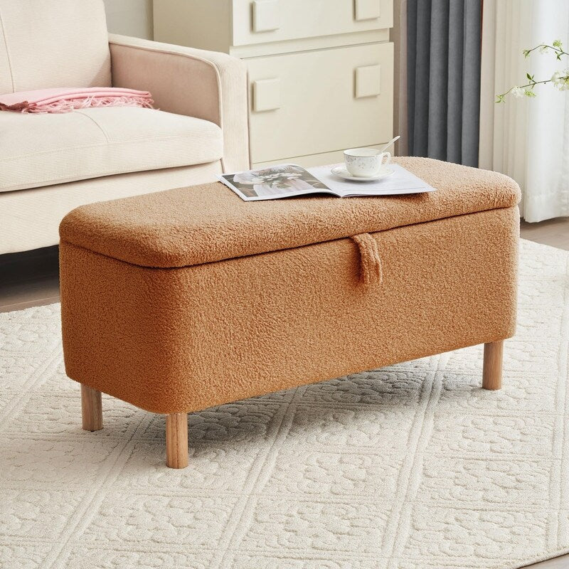 39.5 Off White Boucle Storage Ottoman Bench Sherpa Storage Bench Ottoman Foot Rest End of Bed for Living Room Bedroom,Wood Leg