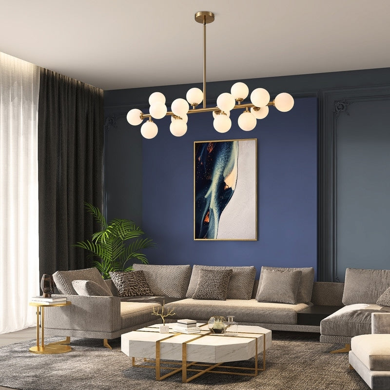 40 in. Linear Mid Century Modern Chandelier 16-Light Gold Brass Sputnik Pendant Light with Frosted Glass Globe for Dining Room
