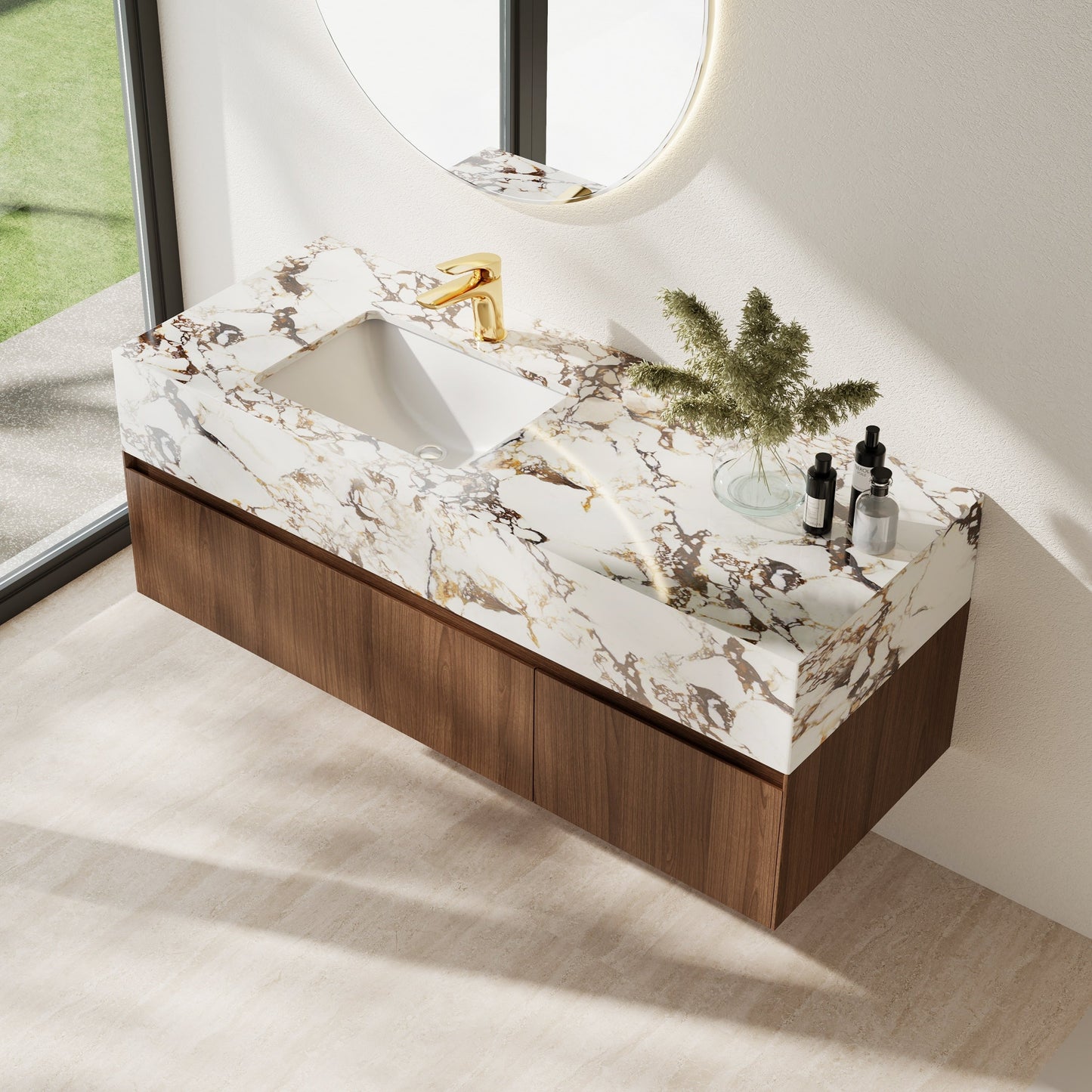 48'' Modern Single Bathroom Vanities, With Glossy Faux Marble Top, Solid Wood