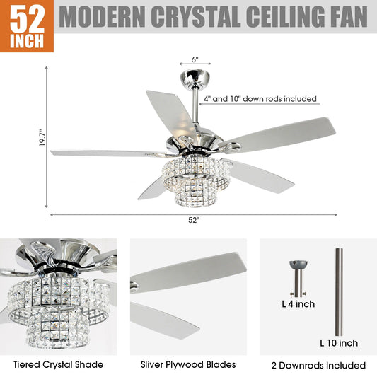 52-inch Chrome Wooden 5-blade Modern Crystal Ceiling Fan with Remote