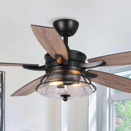 52 Industrial Seeded Glass Black Decorative Ceiling Fan with Remote and Light Kit