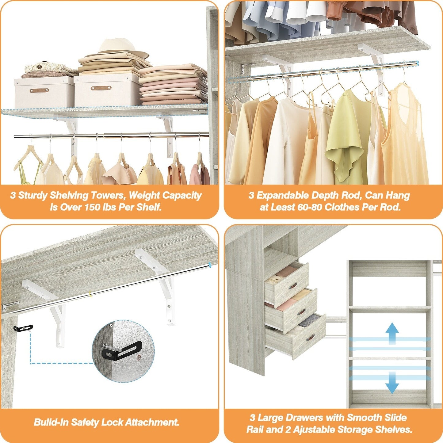 Rackcog 120'' Adjustable Closet Organizer with Drawers, Closet System with DIY Shelves for Reach-in and Walk-in Closet