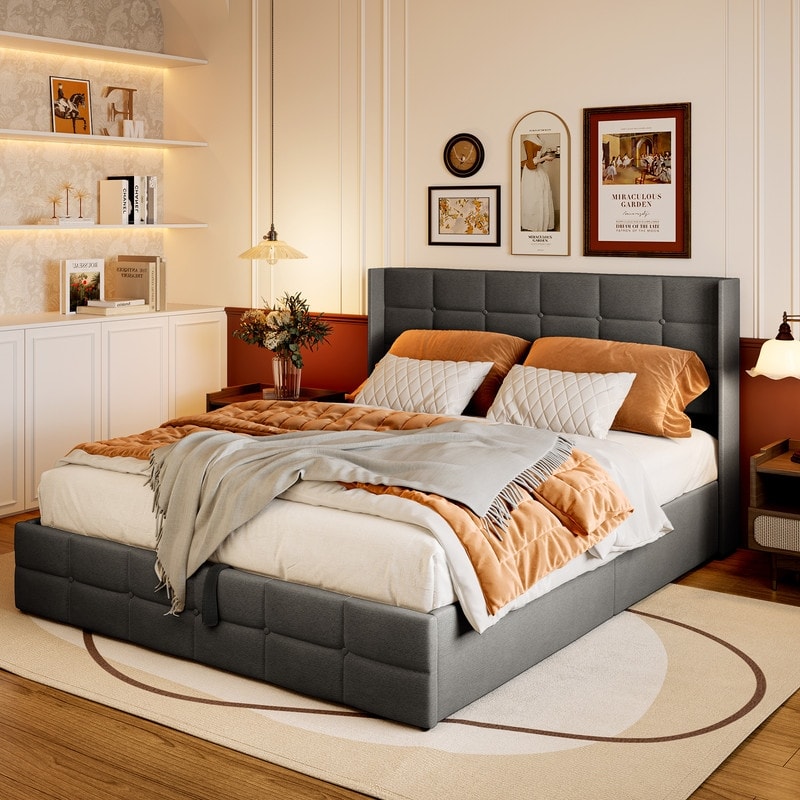 Lift Up Storage Bed Frame, Upholstered Platform Bed Frame with Hydraulic Storage System and Headboard