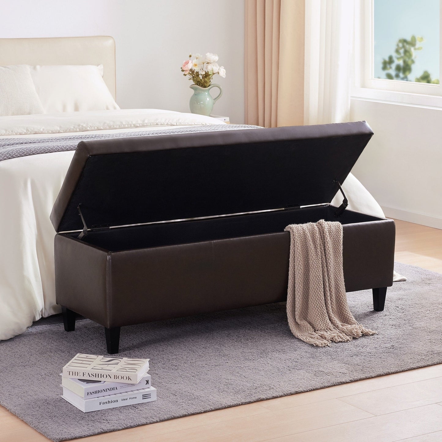 50.3 x 17.50 x 18 Upholstered Rectangular Storage Ottoman-Faux Leather