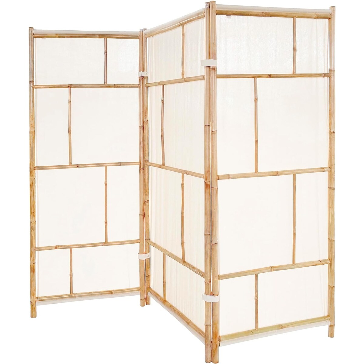 Handcrafted Bamboo Folding 3-Panel Room Divider Privacy Screen, Ecru Fabric