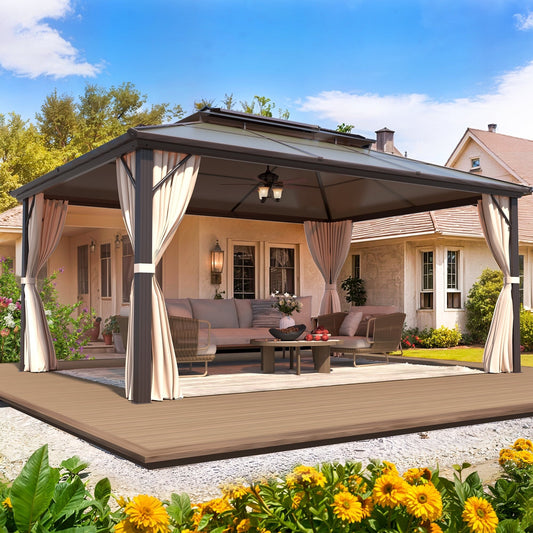 Hardtop Gazebo for Backyard – Permanent Pergola with Netting, Curtains & Double Roof, All-Weather Outdoor Shelter