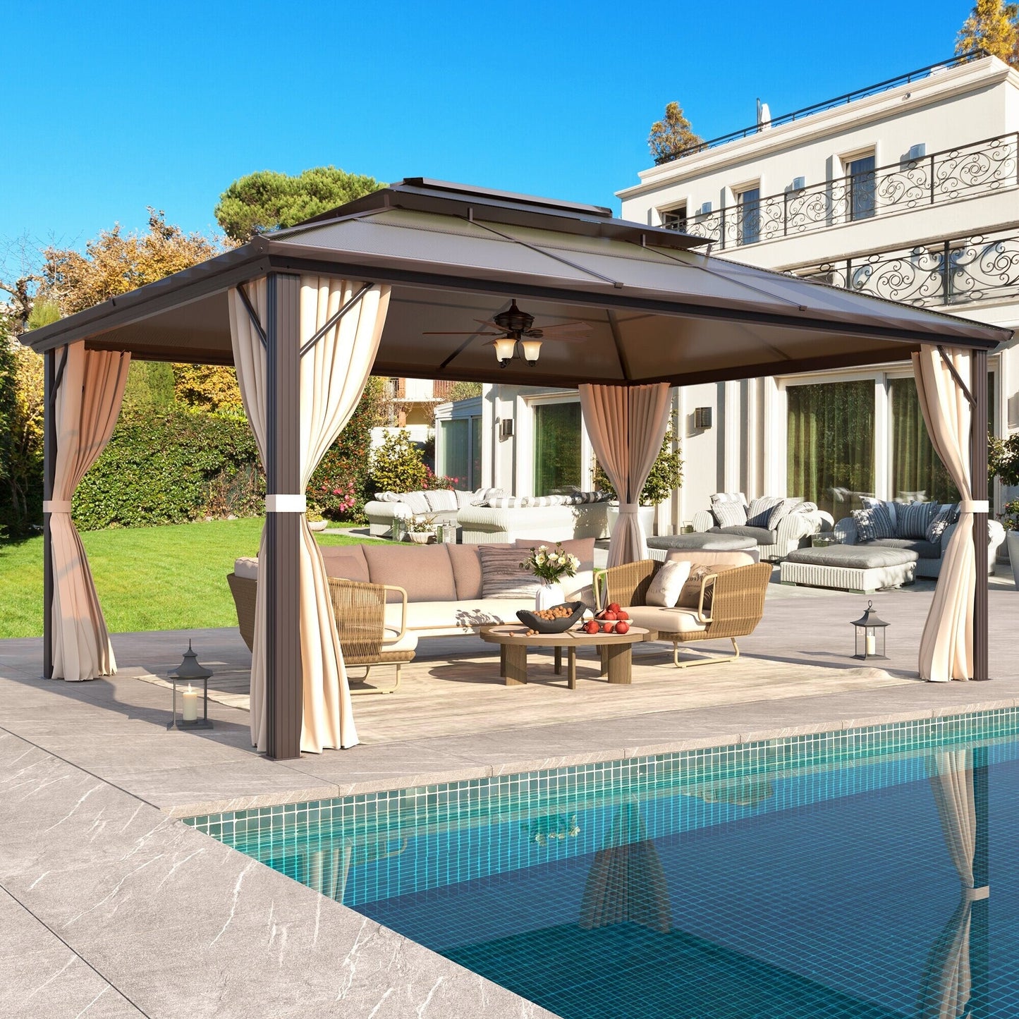 Hardtop Gazebo for Backyard – Permanent Pergola with Netting, Curtains & Double Roof, All-Weather Outdoor Shelter