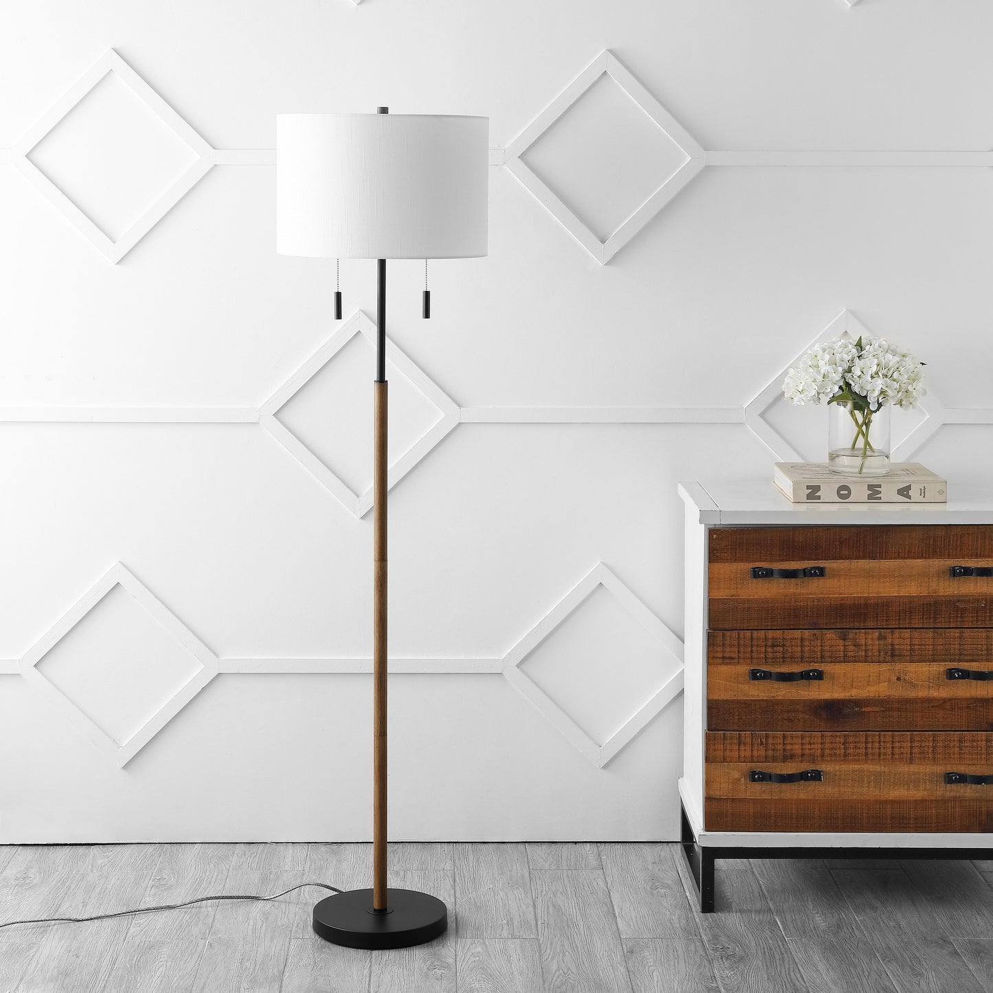 Koda 61 Rustic Farmhouse Iron Candlestick Pull Chains LED Floor Lamp, Brown Wood Finish/Black by JONATHAN Y