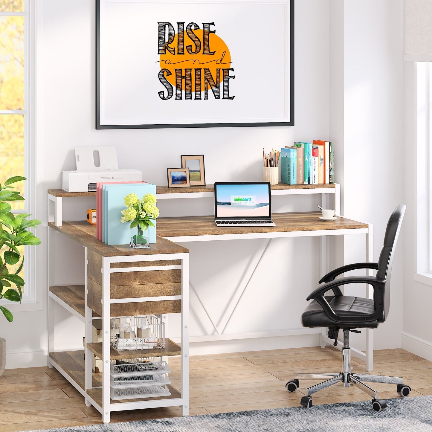L Shaped Desk with Drawer, Home Office Corner Desk with Storage Shelves and Monitor Stand, Rustic PC Desk for Small Space
