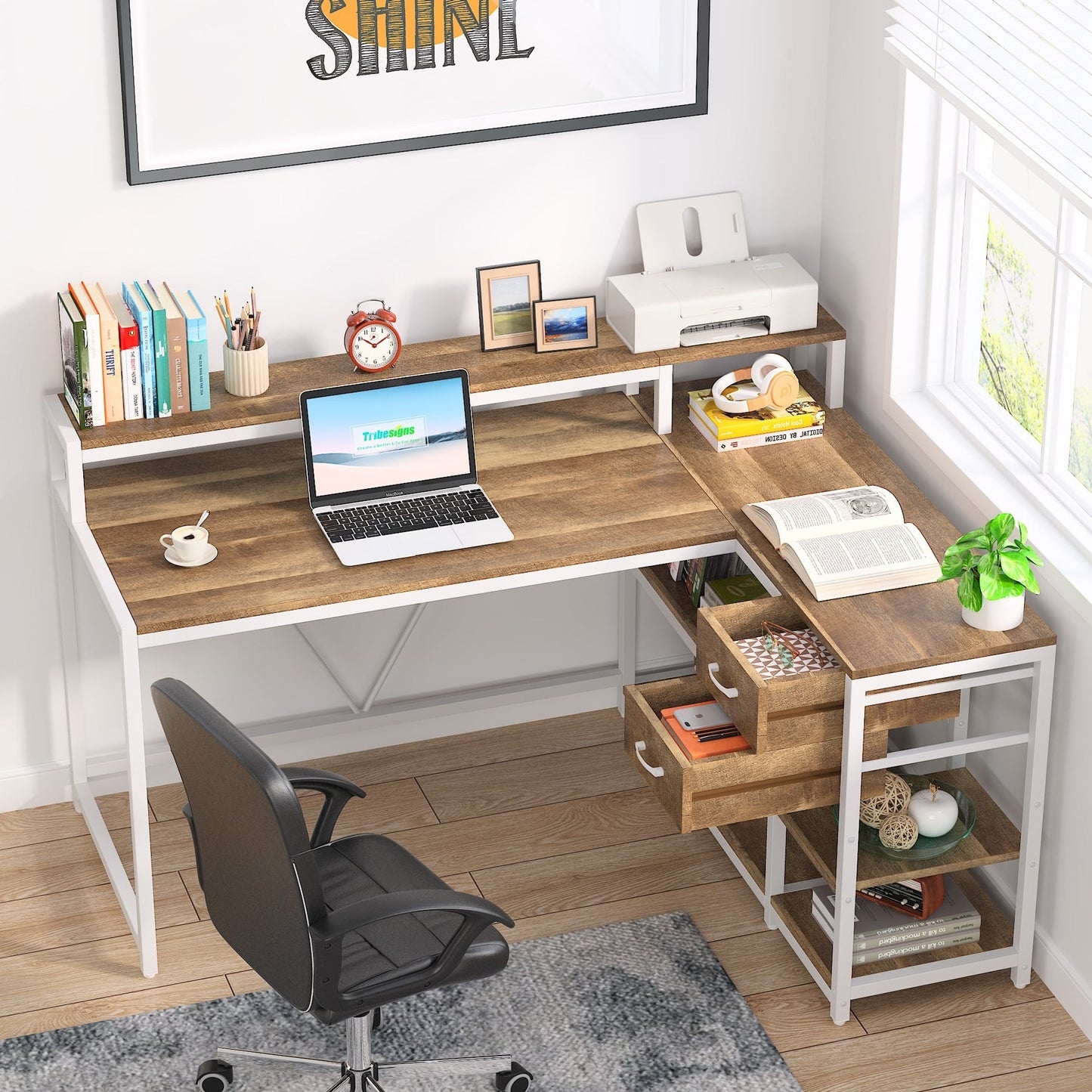L Shaped Desk with Drawer, Home Office Corner Desk with Storage Shelves and Monitor Stand, Rustic PC Desk for Small Space