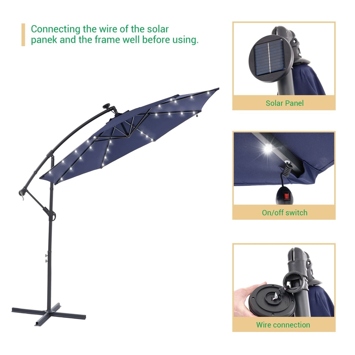LIVOOSUN 10ft LED Patio Offset Umbrella With Cross Base