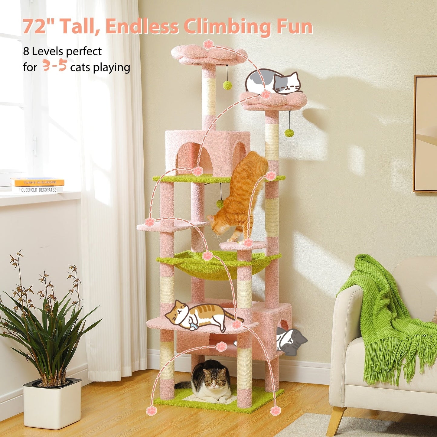 Large Cat Tower Cat Condo with Scratching Posts and Pads, 2 Padded Perch, Dual Condo and Basket