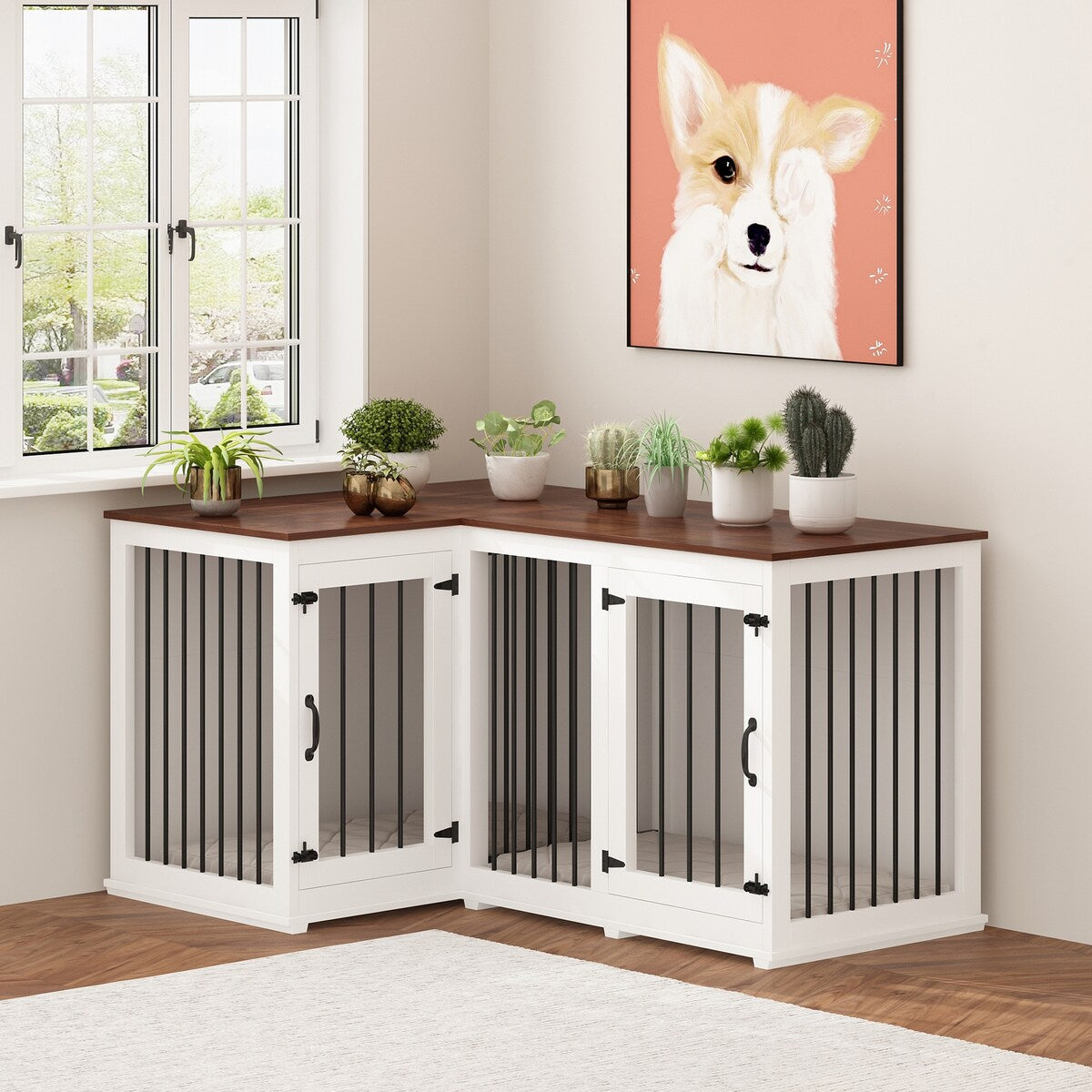 Large Corner Dog Crate Furniture for 2 Dogs, L Shape Dog Crate Cage - 58.7X41.1