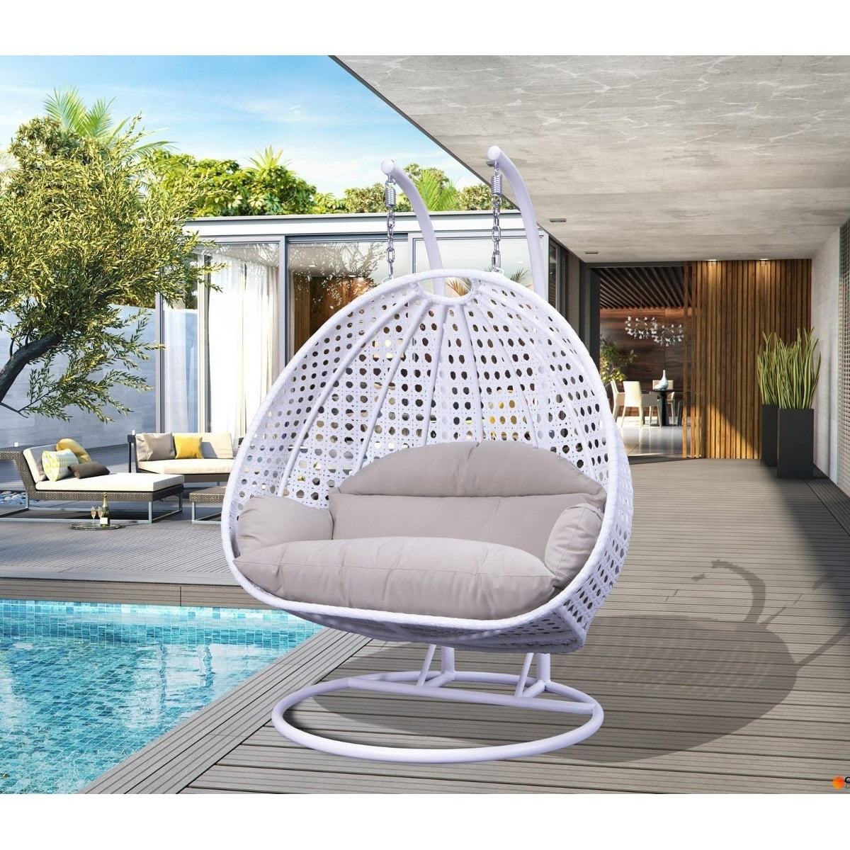 LeisureMod 2 Person Hanging Egg Chair with Stand - Outdoor/Indoor Rattan Wicker Patio Swing Hammock Lounger with Cushions