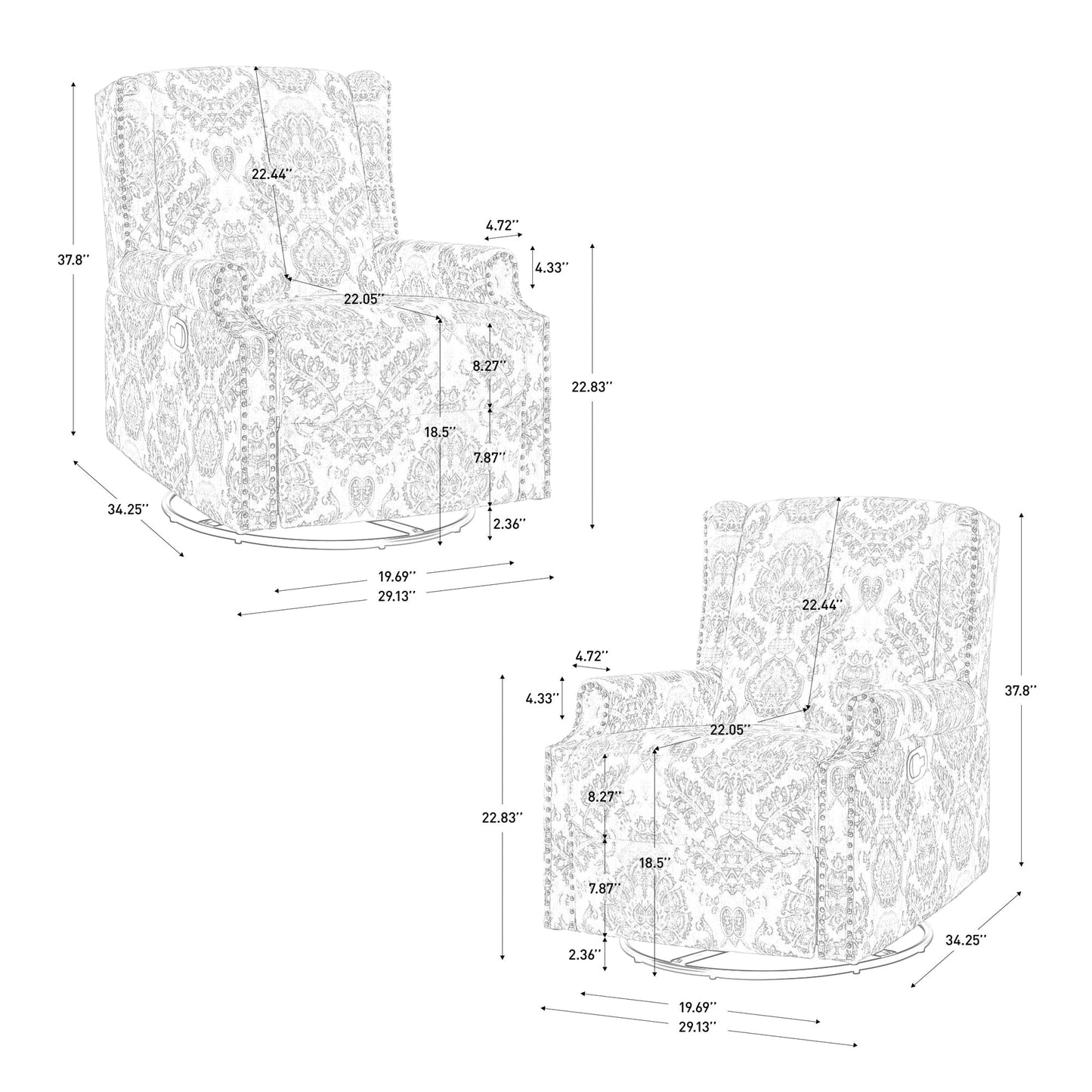 29'' W Pattern Swivel Glider Manual Push Back Recliner Chair Set of 2