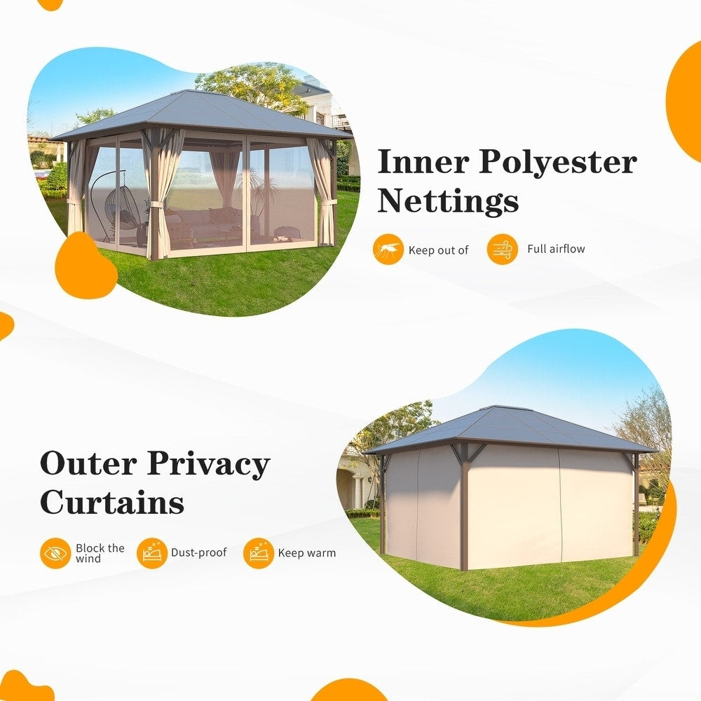 Hardtop Gazebo for Backyard – Permanent Pergola with Netting, Curtains & Double Roof, All-Weather Outdoor Shelter