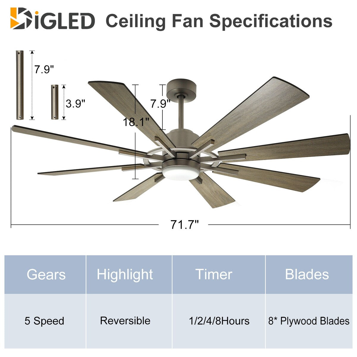 Remote Ceiling fan with Lights Large 8 Wooden Blades
