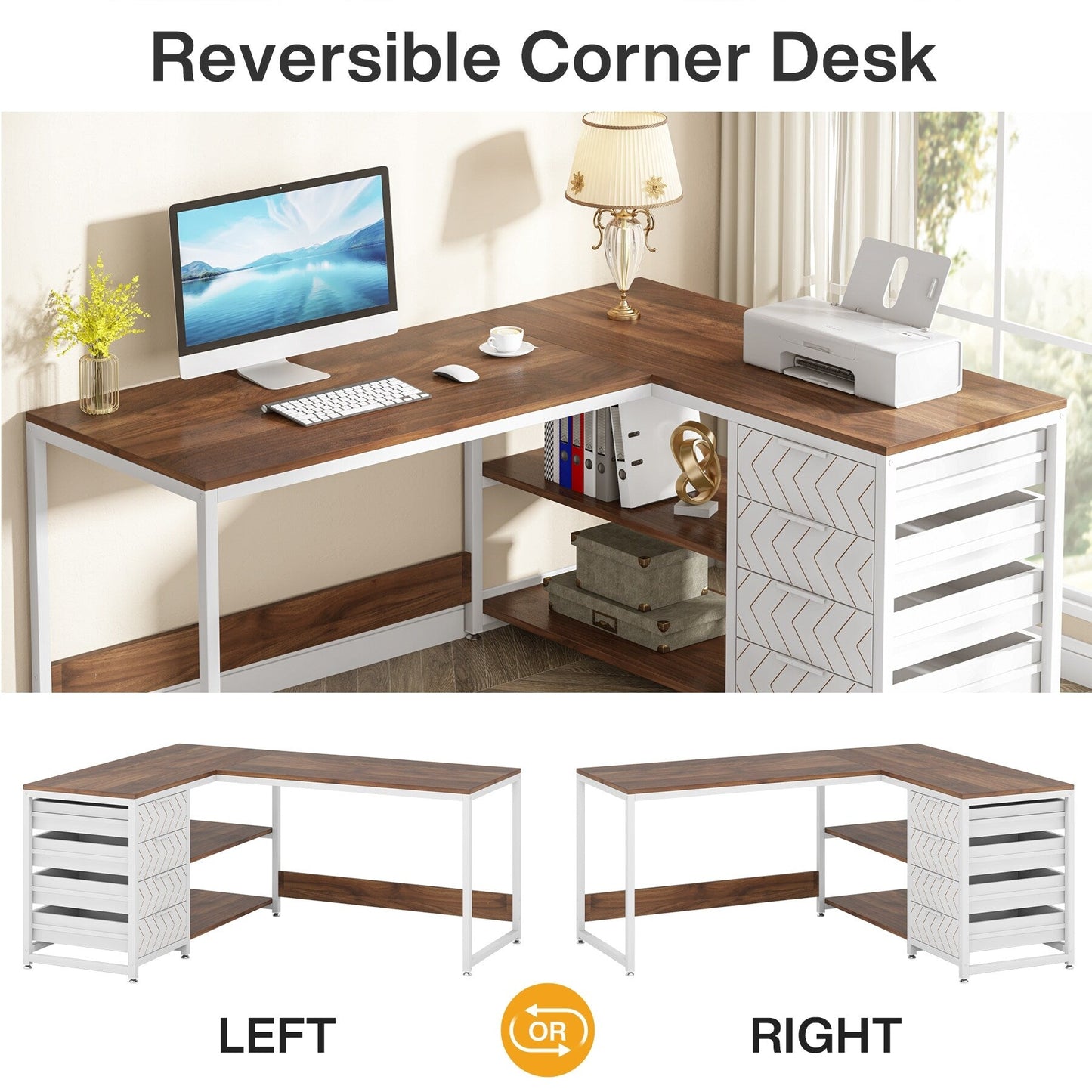 Reversible L-Shaped Office Desk Computer Desk Sturdy Writing Table Workstation