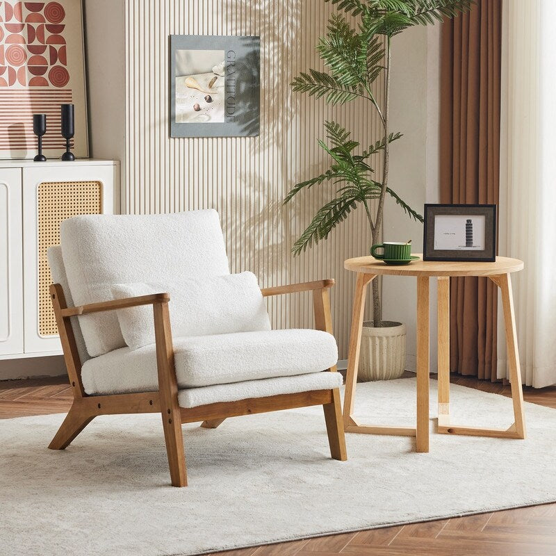 Upholstered Linen Blend Accent Chair with Wooden Legs and One Pillow Beige