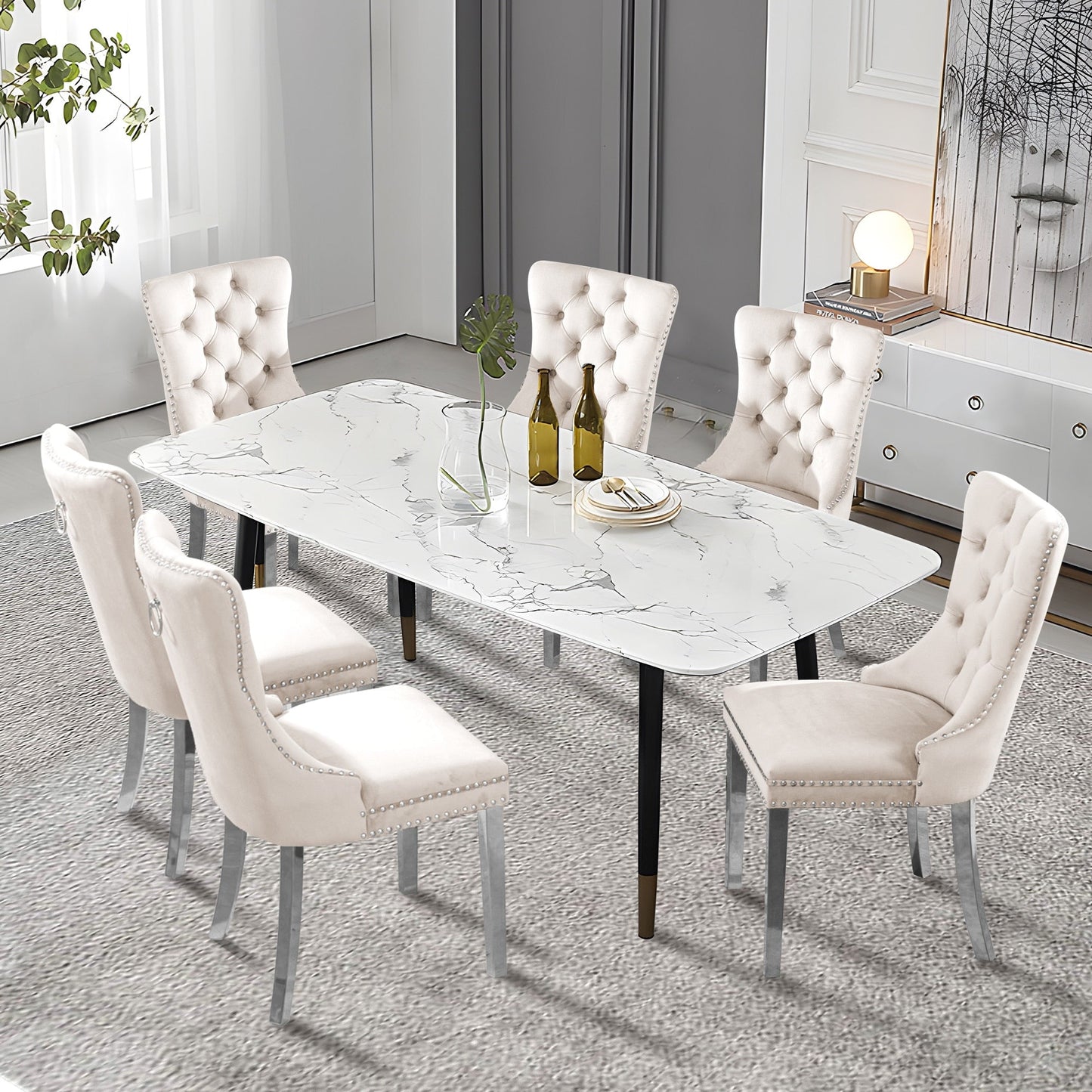 Upholstered Tufted Velvet Dining Chair with Solid Wood Legs Set of 6