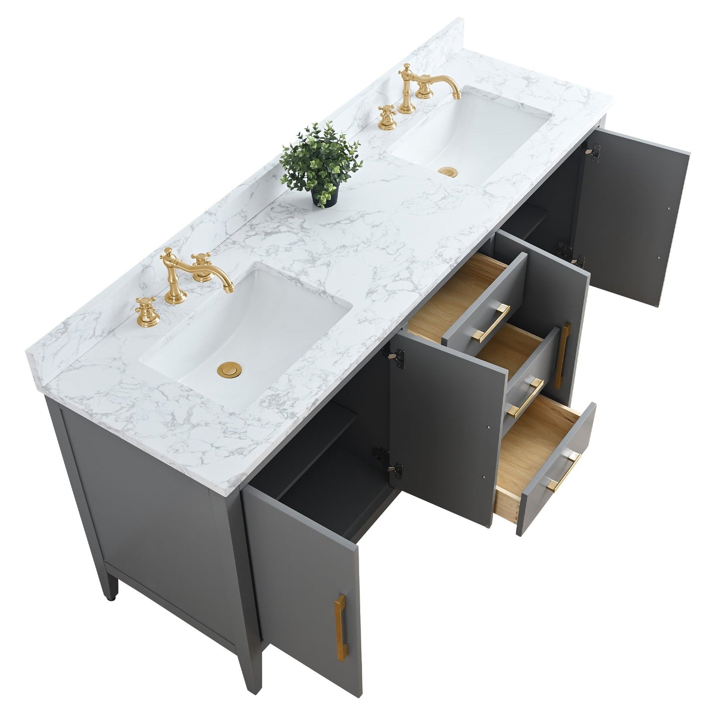 Vanity Art 72 Double Sink Bathroom Vanity Cabinet with Engineered Marble Top