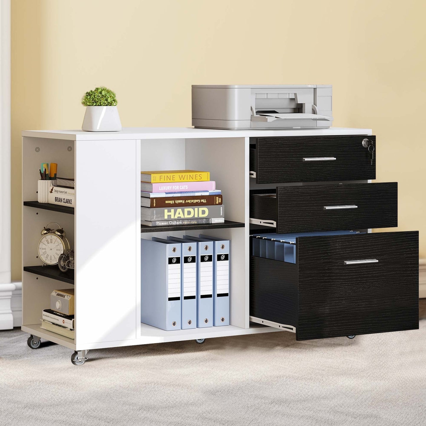 Wood File Cabinet with Charging Station Mobile Lateral Filing Cabinet Lockable Fits A4 Letter Legal Size Files