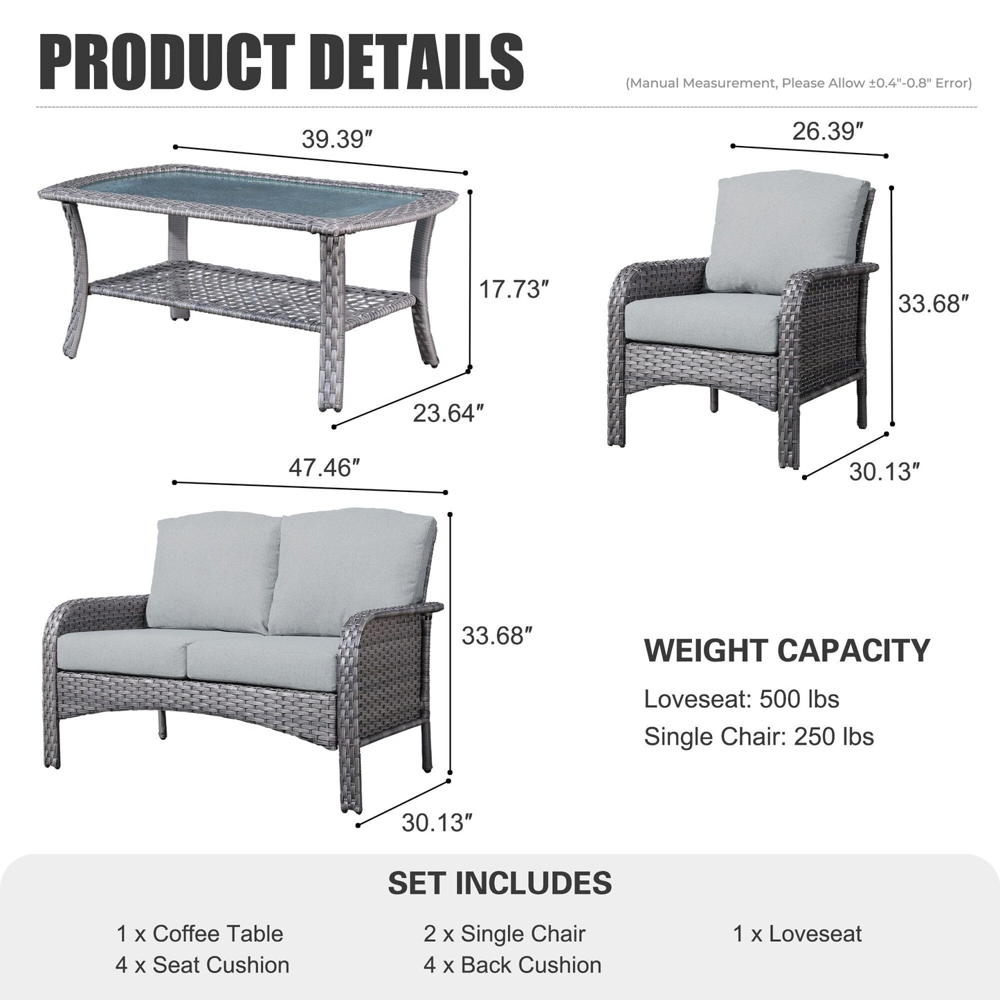 XIZZI 4-piece Outdoor Patio Furniture Conversation Set with Table