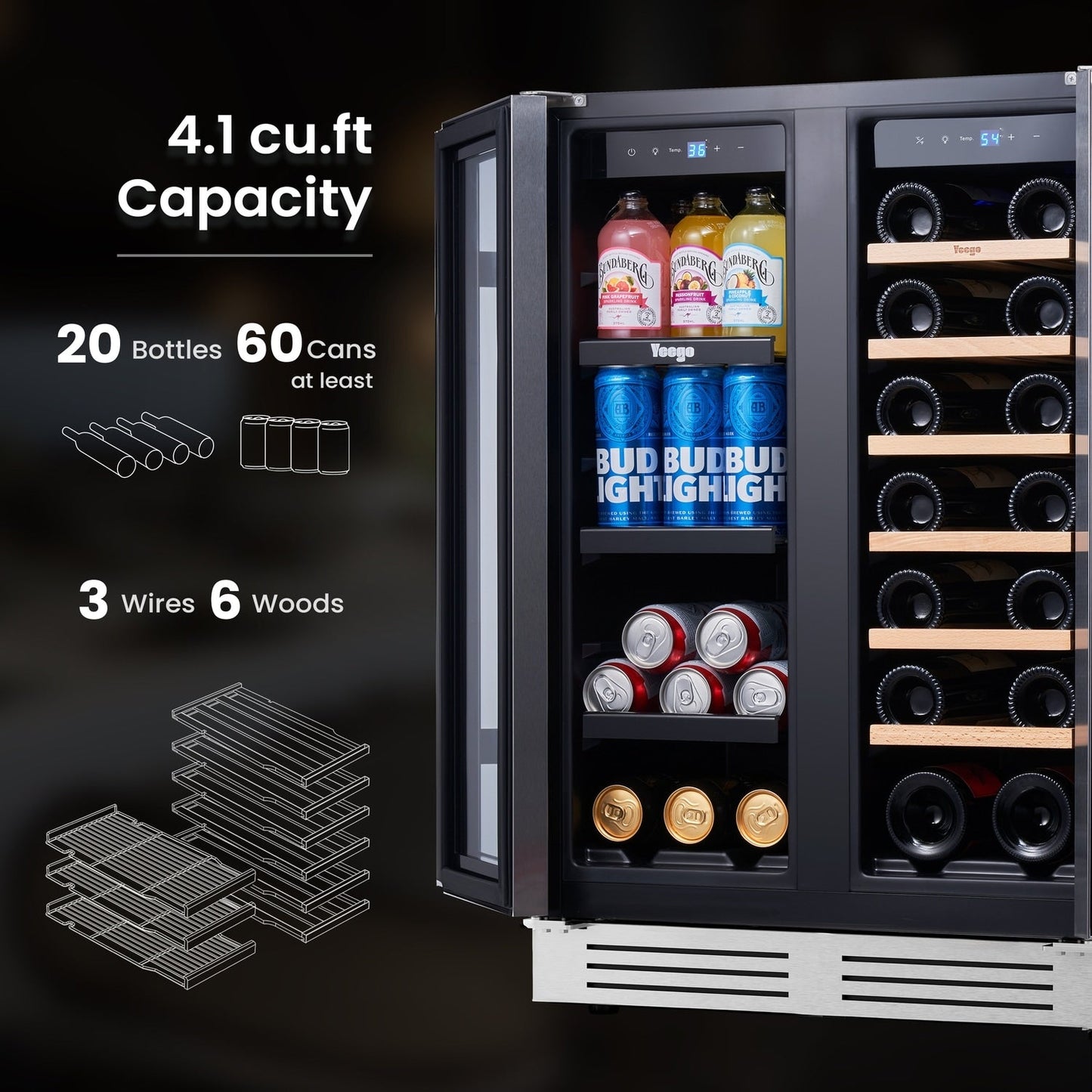 24 Inch Wine/Beverage Refrigerator Cooler, 20 Bottle/60 Can DUAL ZONE Fridge - 24 inch