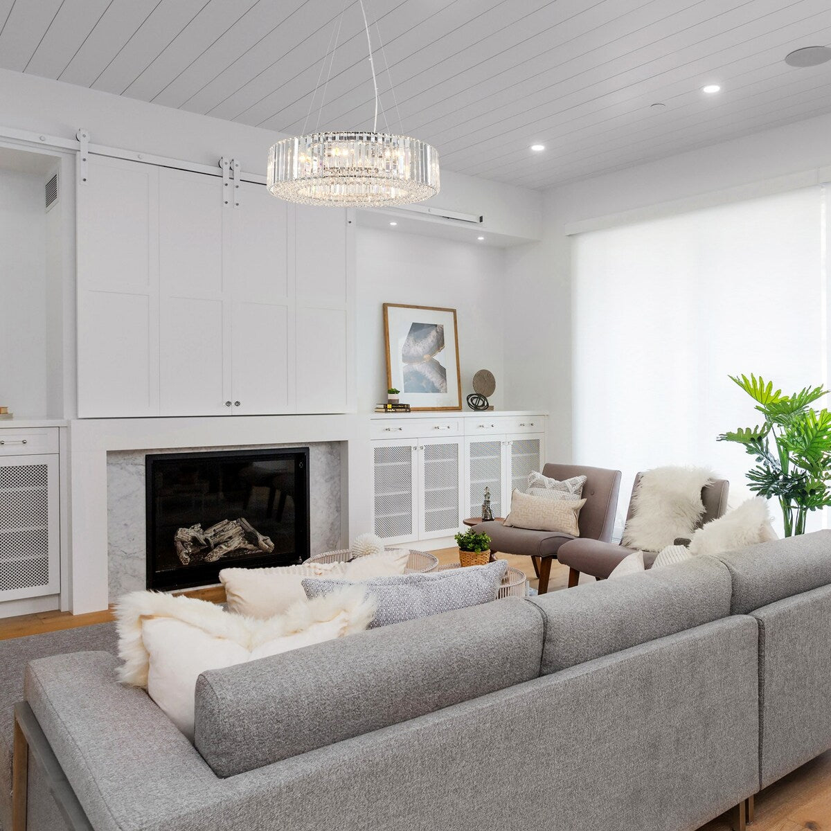 24.8 in. 8-Light Farmhouse Chandelier, Crystal Chandelier, Drum Chandelier for Dining Room Living Room Bedroom Kitchen