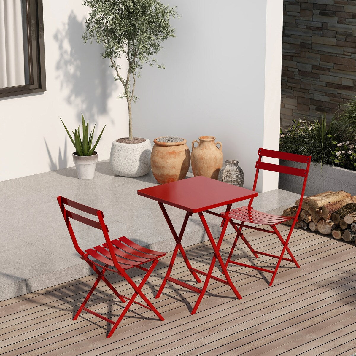 3 Piece Patio Minimalist Bistro Set Foldable Square Table & Chairs - 3-Piece