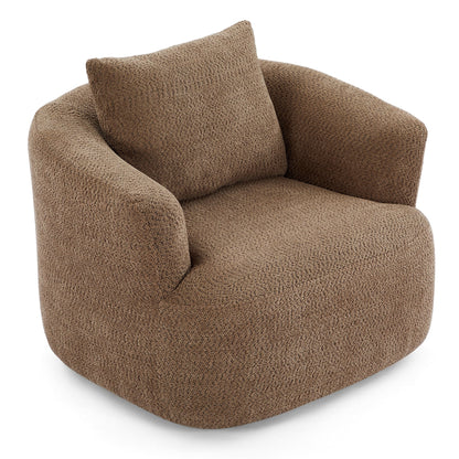 360° Swivel Chair, 38.2 Boucle Accent Chair with Throw Pillow, Upholstered Barrel Sofa Chair with Curved Armrests