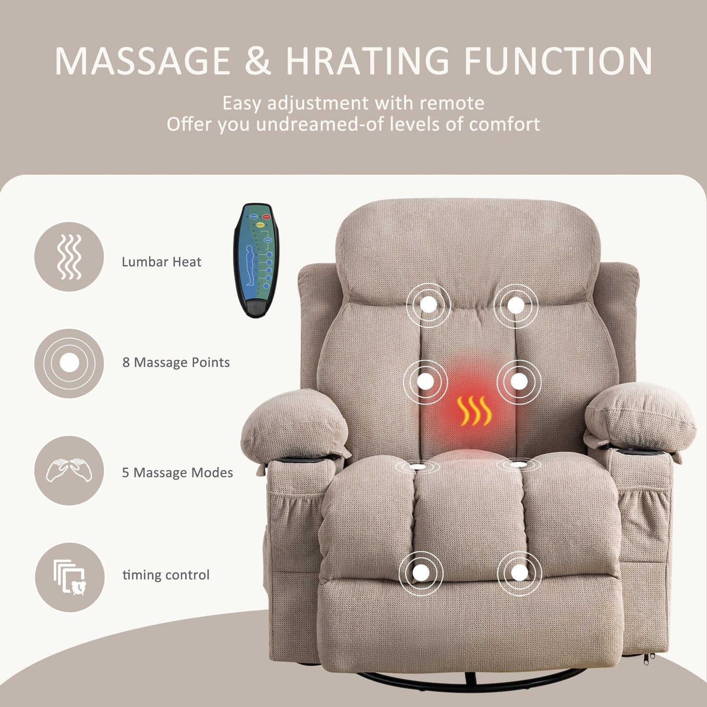 360° Swivel Recliner Chair with Massage, Heat, USB, and Cup Holders