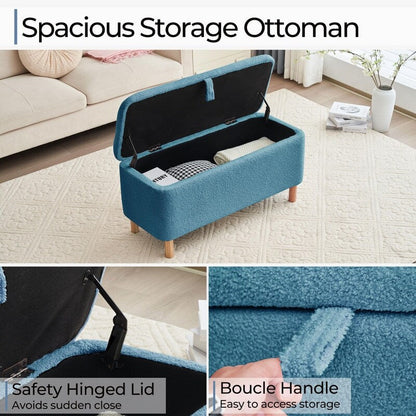 39.5 Off White Boucle Storage Ottoman Bench Sherpa Storage Bench Ottoman Foot Rest End of Bed for Living Room Bedroom,Wood Leg