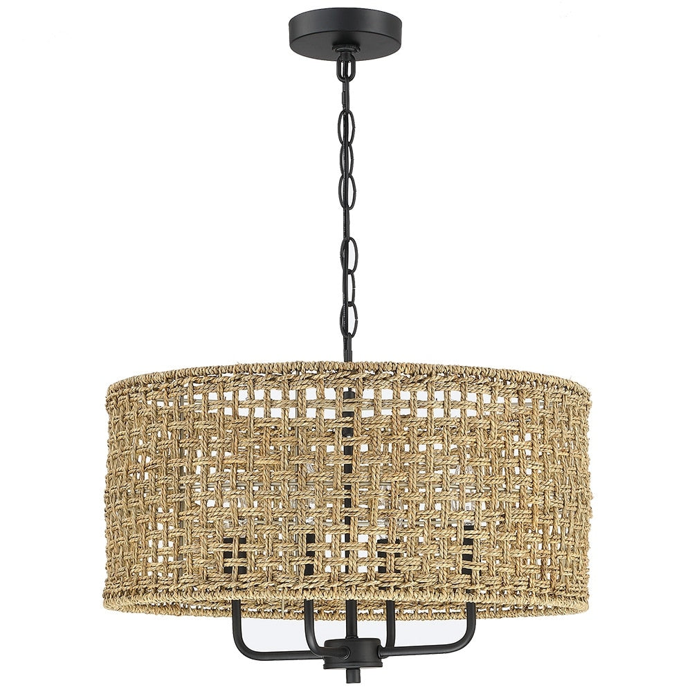 4-Light Bohemian Hand Woven Drum Chandelier - Straw - 20 in. W