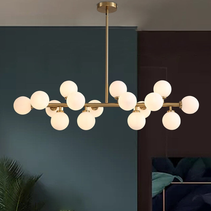 40 in. Linear Mid Century Modern Chandelier 16-Light Gold Brass Sputnik Pendant Light with Frosted Glass Globe for Dining Room