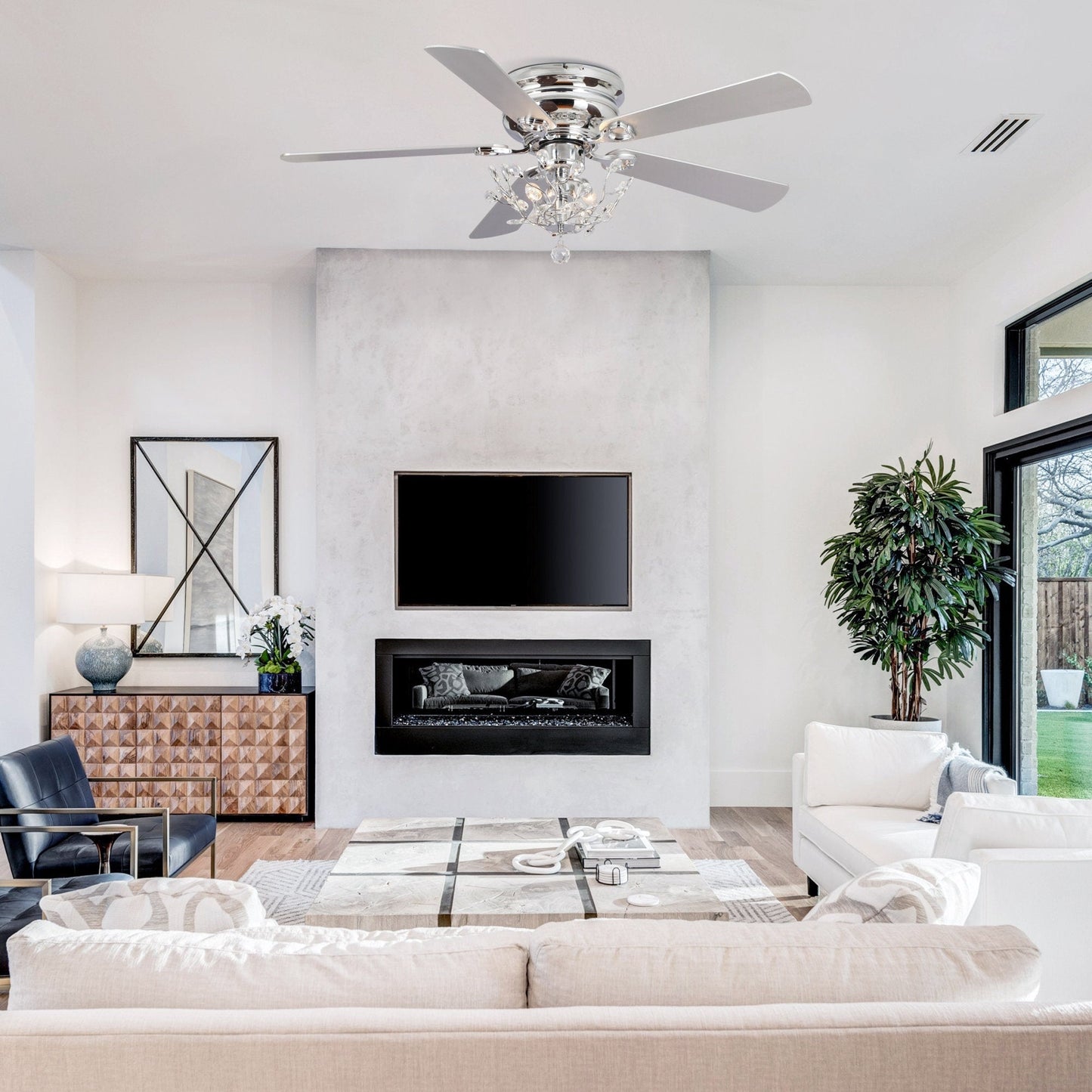 48 Modern Reversible 5-Blade Crystal Flush Mount Ceiling Fan with Remote