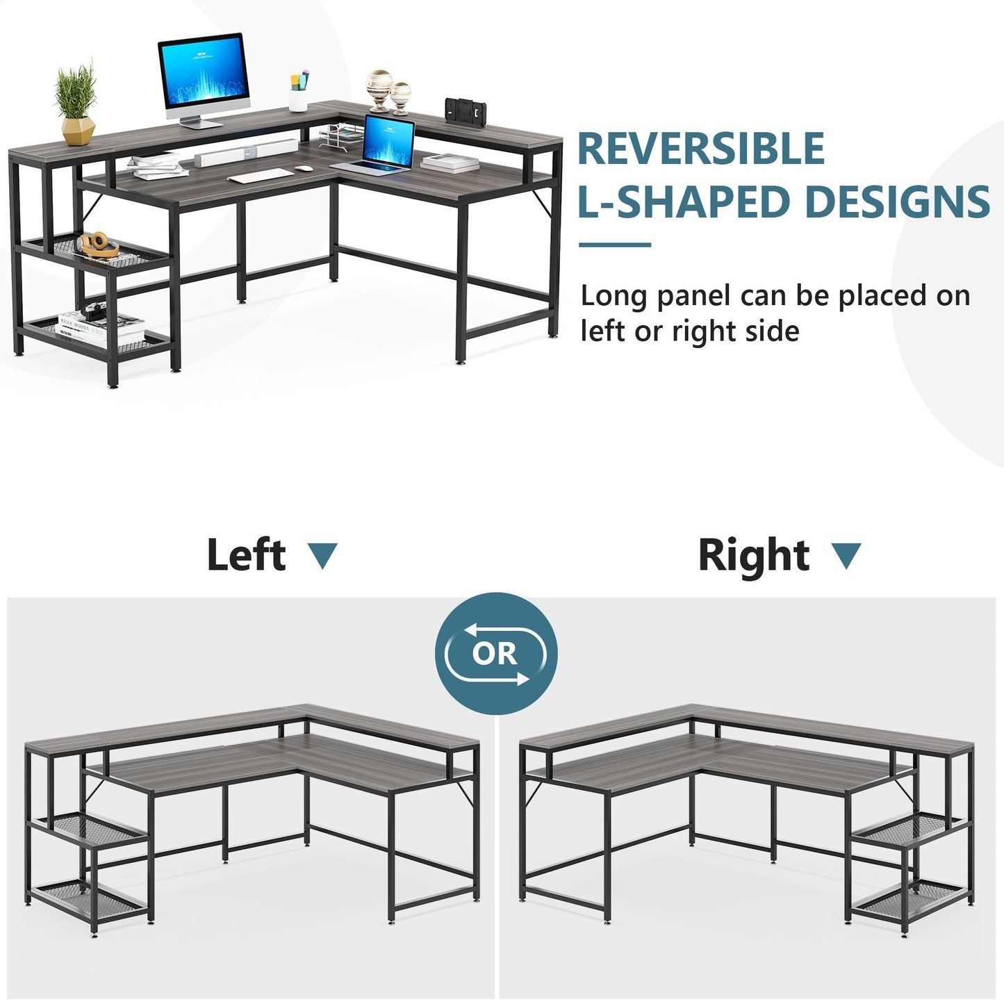 L Shaped Desk with Monitor Shelf, Reversible Corner Computer Desk for Office Home 69