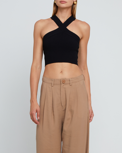 Sculpting Knit Criss Cross Cropped Halter Tank