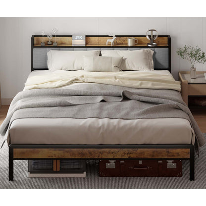Twin / Full / Queen / King Size Metal Platform Bed Frame with Upholstered Storage Headboard