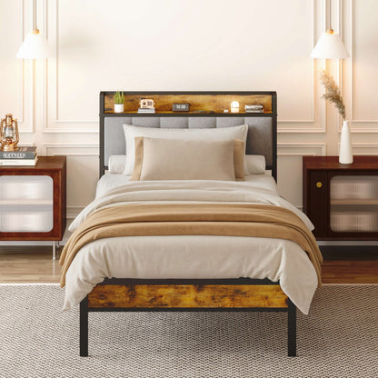 Twin / Full / Queen / King Size Metal Platform Bed Frame with Upholstered Storage Headboard