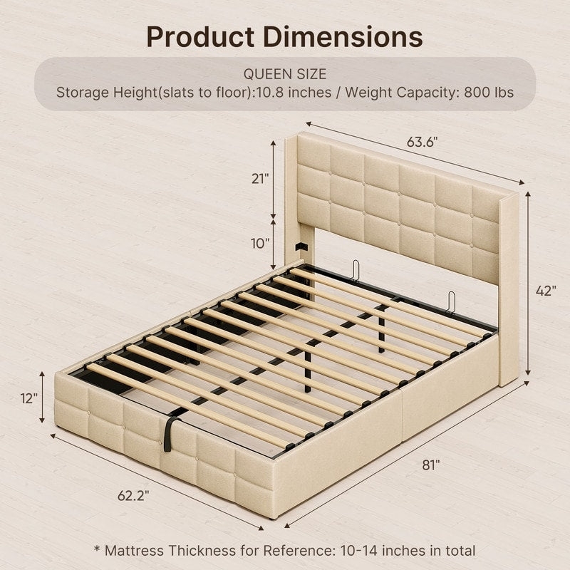 Lift Up Storage Bed Frame, Upholstered Platform Bed Frame with Hydraulic Storage System and Headboard