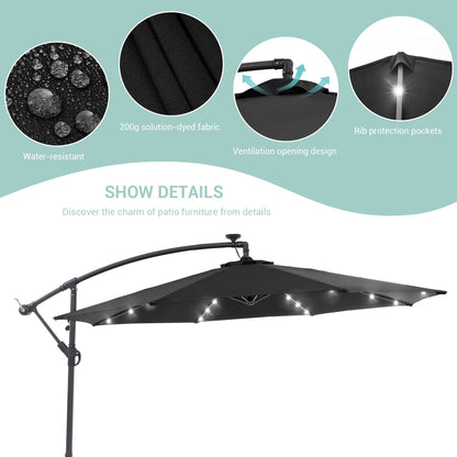 LIVOOSUN 10ft LED Patio Offset Umbrella With Cross Base