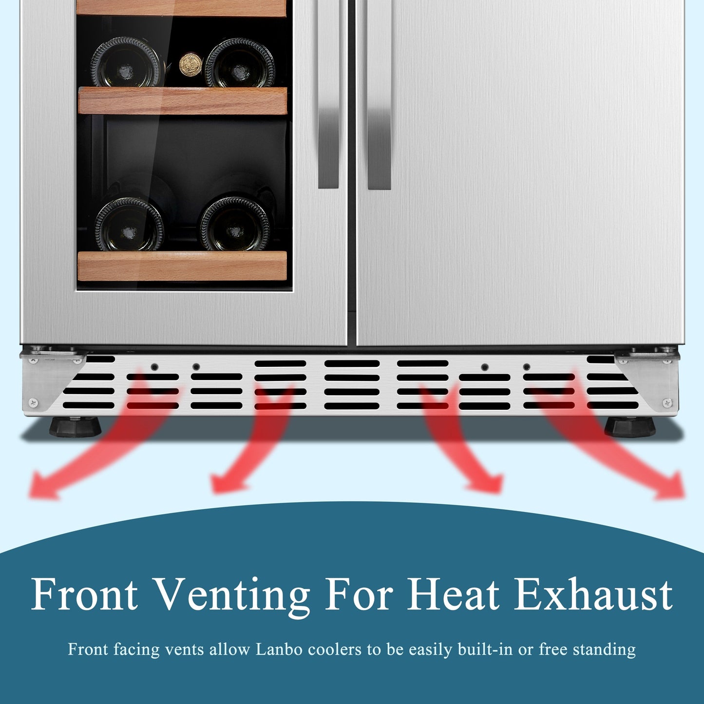 Lanbo 24 Inch Dual Zone 18 Bottle Wine and 55 Can Beverage Cooler, Stainless Steel and Glass with French Door