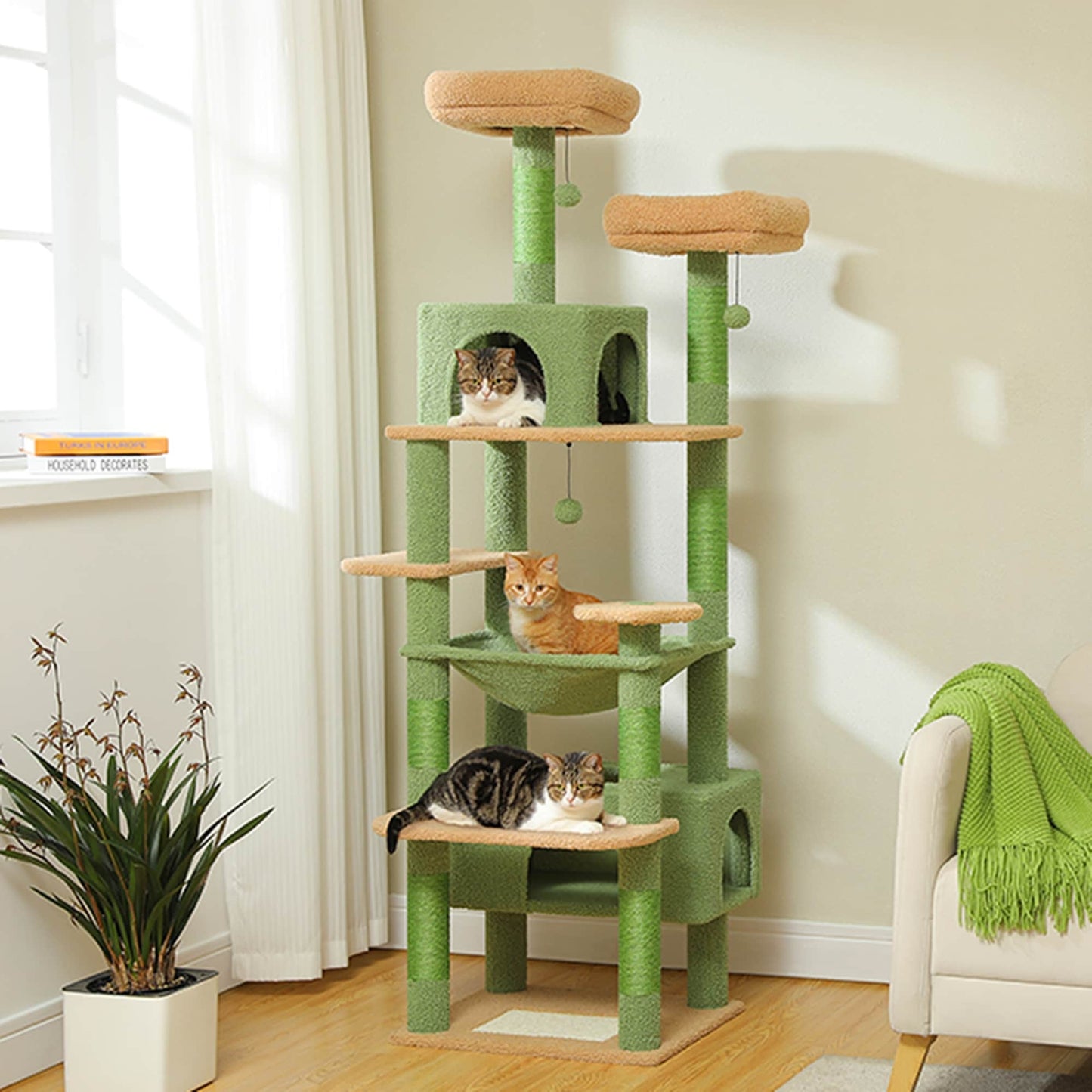 Large Cat Tower Cat Condo with Scratching Posts and Pads, 2 Padded Perch, Dual Condo and Basket