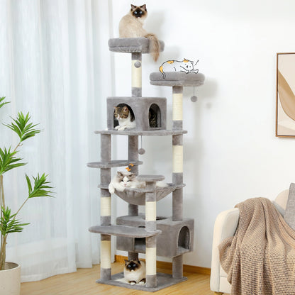 Large Cat Tower Cat Condo with Scratching Posts and Pads, 2 Padded Perch, Dual Condo and Basket